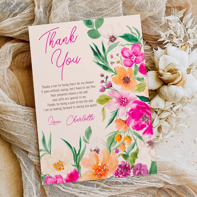 Cartão De Agradecimento Vivas flores silvestres brilhantes e ousadas para  (Bright bold wild flowers script bridal shower thank you card on ivory beige)