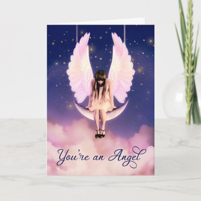 Cartão De Agradecimento Você e Angel Celestial balançando na lua (Frente)
