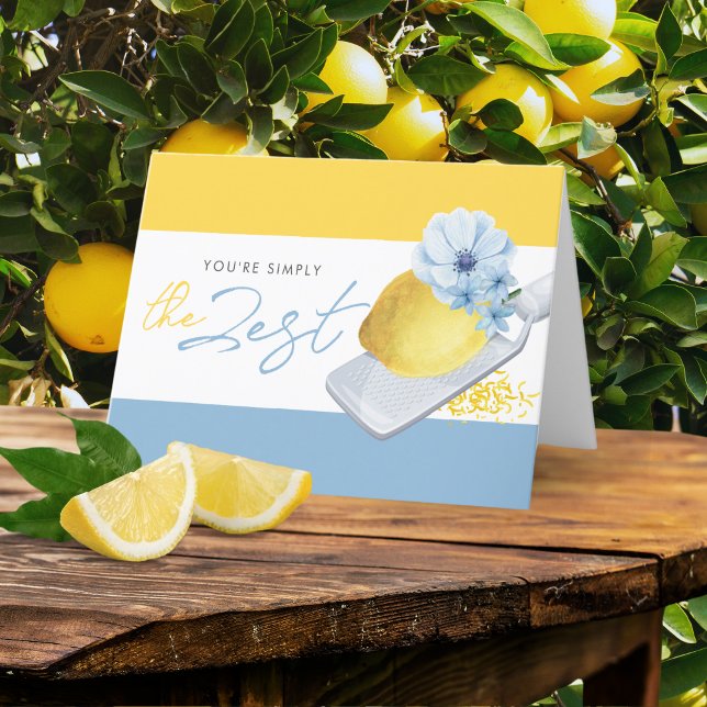 Cartão De Agradecimento Você é Simplesmente o Limão em Aquarela Dobrável (You're Simply the Zest Funny Folding Thank You Greeting Card. With a  watercolor lemon & blue flower)