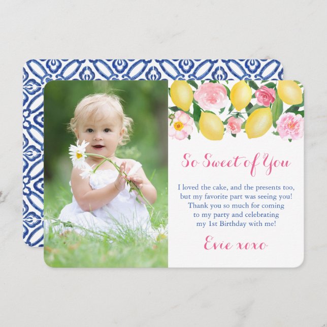 Cartão De Agradecimento Você É Tão Doce Limões Positano Rosa Festa Foto (Frente/Verso)