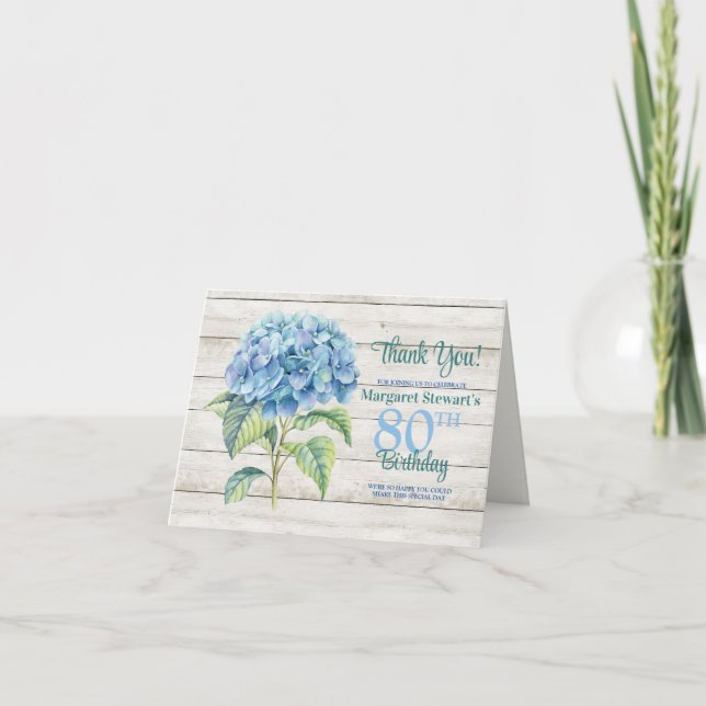 Cartão De Agradecimento Watercolor Blue Hydrangea 80 Birthday (Frente)