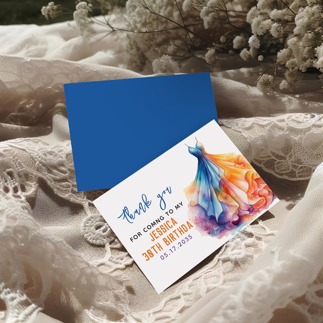 Cartão De Agradecimento Watercolor Dress 30th Birthday Elegant & Feminine (Criador carregado)