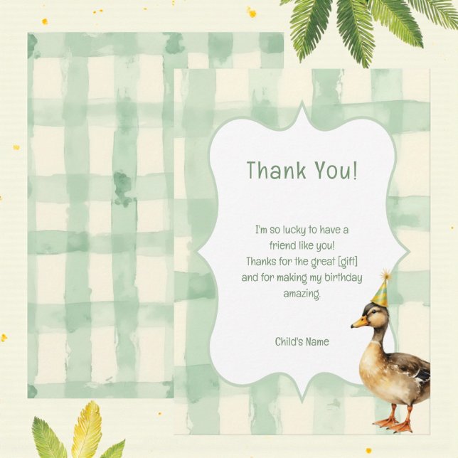 Cartão De Agradecimento Watercolor Duck with Teal Birthday Party  (Criador carregado)