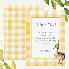 Cartão De Agradecimento Watercolor Duck with Teal & Yellow Birthday Party 