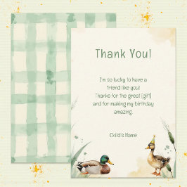 Cartão De Agradecimento Watercolor Duck with Teal & Yellow Birthday Party 