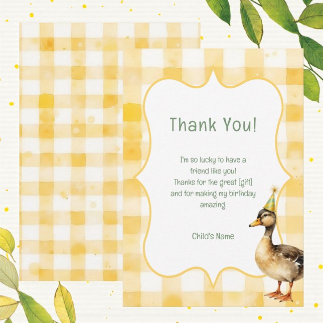 Cartão De Agradecimento Watercolor Duck Yellow Birthday Party (Criador carregado)