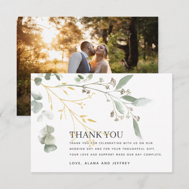 Cartão De Agradecimento Watercolor Eucalyptus Greenery Foto de Casamento (Frente/Verso)