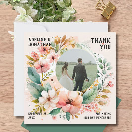Cartão De Agradecimento Watercolor Floral Photo Wedding Flat