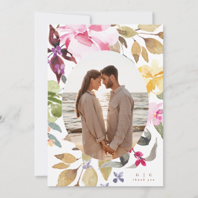 Cartão De Agradecimento Watercolor Florals Wedding Photo (Frente)