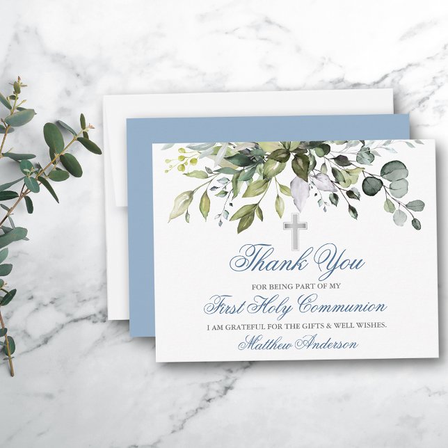Cartão De Agradecimento Watercolor Greenery Dusty Commune Blue (Customize to change text color, style, size, add more text to back or change color of back of card.)