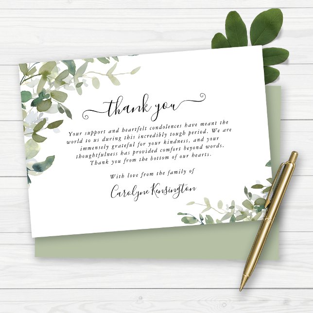 Cartão De Agradecimento Watercolor Greenery Simpatia Obrigado (Watercolor Greenery Sympathy Thank You Card)