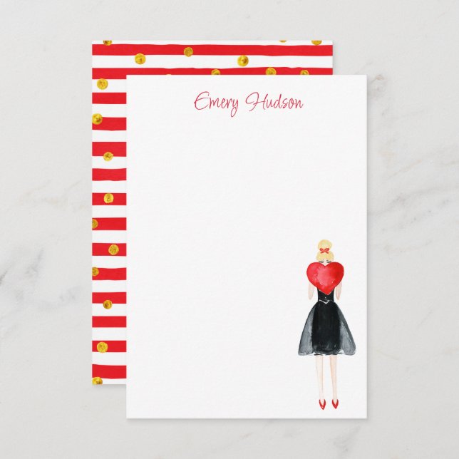 Cartão De Agradecimento Watercolor Heart Fashion Girl (Frente/Verso)