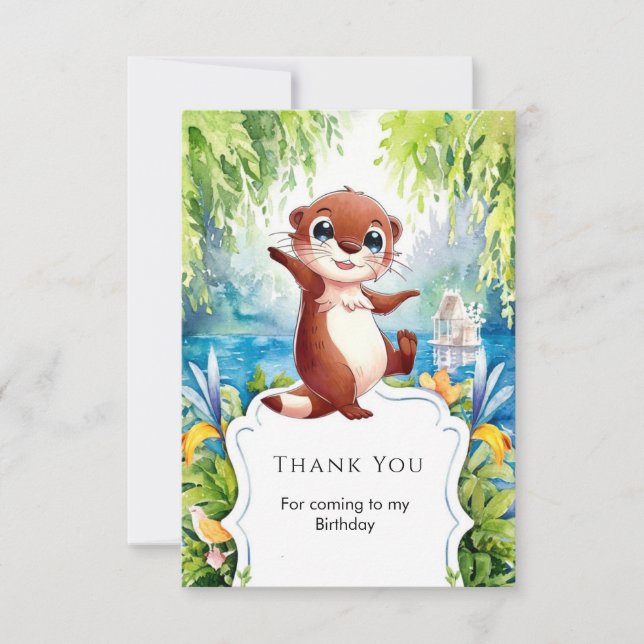 Cartão De Agradecimento Watercolor Kids Otter Birday (Frente)