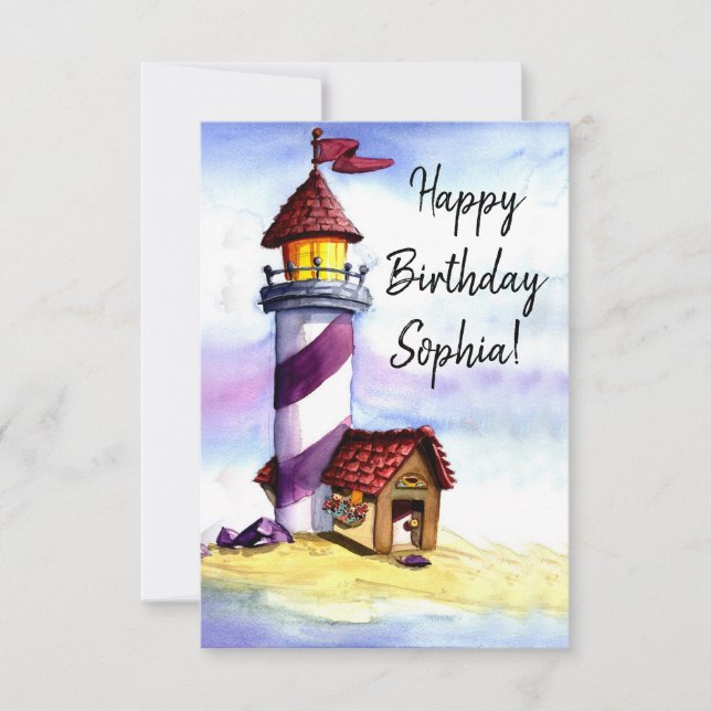 Cartão De Agradecimento Watercolor Lighthouse Birthday Card (Frente)