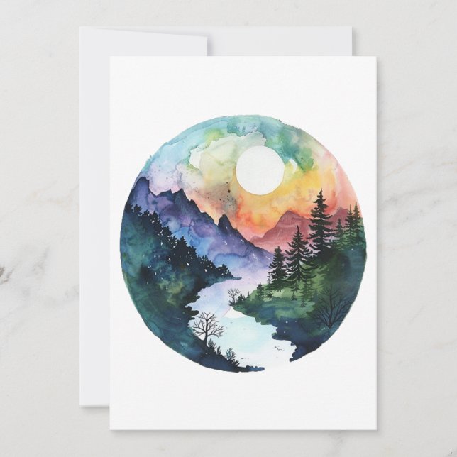 Cartão De Agradecimento Watercolor Mountain Valley Nature (Frente)