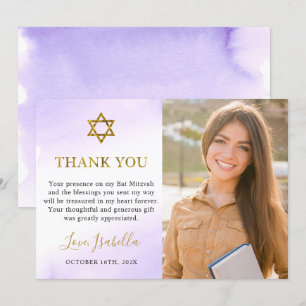 Cartão De Agradecimento Watercolor Pastel Purple Dourado Bat Mitzvah Foto