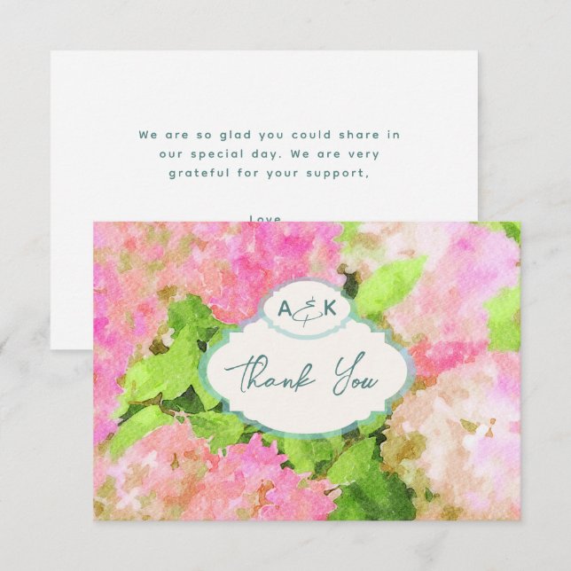 Cartão De Agradecimento Watercolor Pink Hydrangea Garden Wedding Monogram  (Frente/Verso)