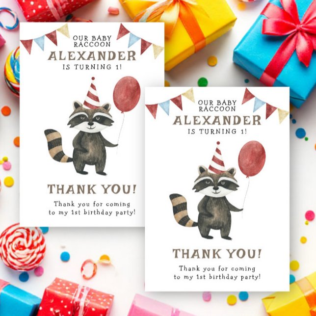 Cartão De Agradecimento Watercolor Raccoon 1st Birthday  (Criador carregado)