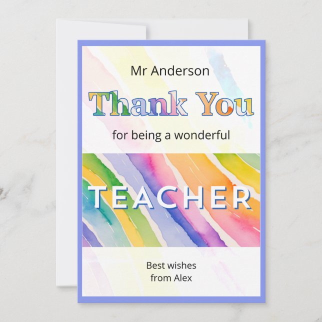 Cartão De Agradecimento Watercolor Rainbow Stripes Teacher (Frente)