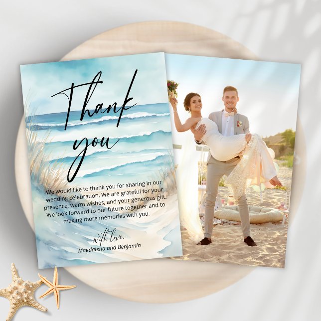 Cartão De Agradecimento Watercolor Seascape Coastal Sand Beach Foto (Criador carregado)