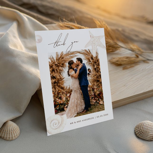 Cartão De Agradecimento Watercolor Seashells Beach Destination Wedding (Criador carregado)