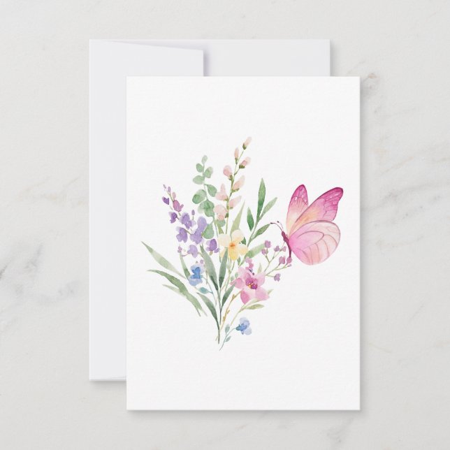 Cartão De Agradecimento Watercolor Wildflower Bouquet with Pink Butterfly (Frente)