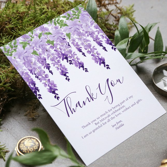 Cartão De Agradecimento Watercolor Wisteria | Bat Mitzvah (Criador carregado)