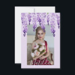 Cartão De Agradecimento Watercolor Wisteria Photo | Bat Mitzvah<br><div class="desc">Este design apresenta elegantes flores de wisteria de aquarela em lavanda macia e roxo com folhas verdes em um fundo lilático com sua cobertura de foto e nome favoritos. No reverso em um roteiro elegante de caligrafia branca em fundo roxo está o texto "Obrigado" e sua mensagem e nome personalizados....</div>