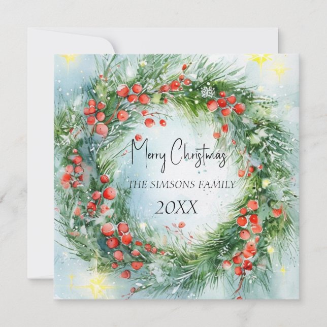 Cartão De Agradecimento Watercolor Wreath Winter Greenery (Frente)