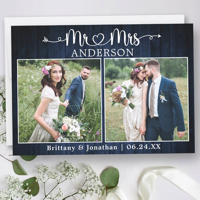 Cartão De Agradecimento Wedding Calligraphy Heart Mr. Mrs. Blue Wood (Customize to change your personalized text size or text style.)