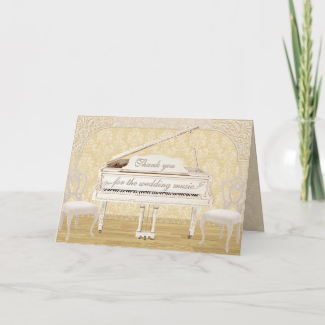 Cartão De Agradecimento Wedding Music Thank You with White and Gold Piano (Frente)