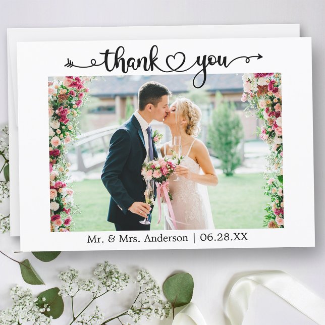 Cartão De Agradecimento Wedding Photo Calligraphy Script Heart  (Customize to change your personalized text size or text style.)