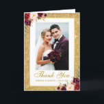 Cartão De Agradecimento Wedding Photo Gold Glitter Burgundy Floral Fold<br><div class="desc">Elegant Wedding Photo Gold Glitter Frame Watercolor Burgundy Marsala Floral Thank You Folded Card</div>
