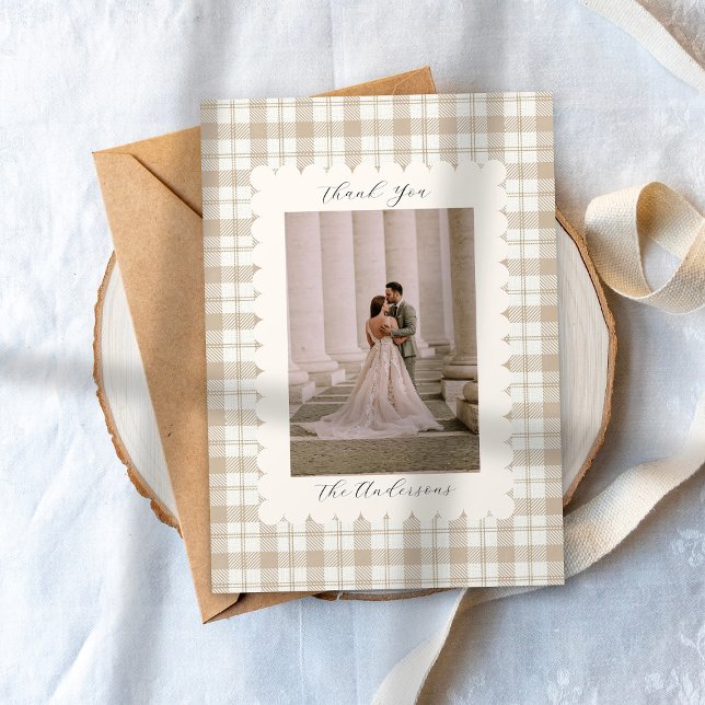 Cartão De Agradecimento Wedding Photo Guest Appreciation Gingham (Criador carregado)