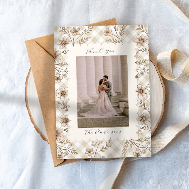 Cartão De Agradecimento Wedding Photo Guest Appreciation Gingham Floral (Criador carregado)