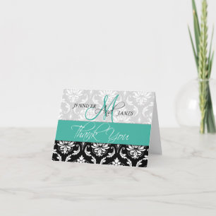 Cartão De Agradecimento Wedding Thank You Card Damask Monogram Turquoise