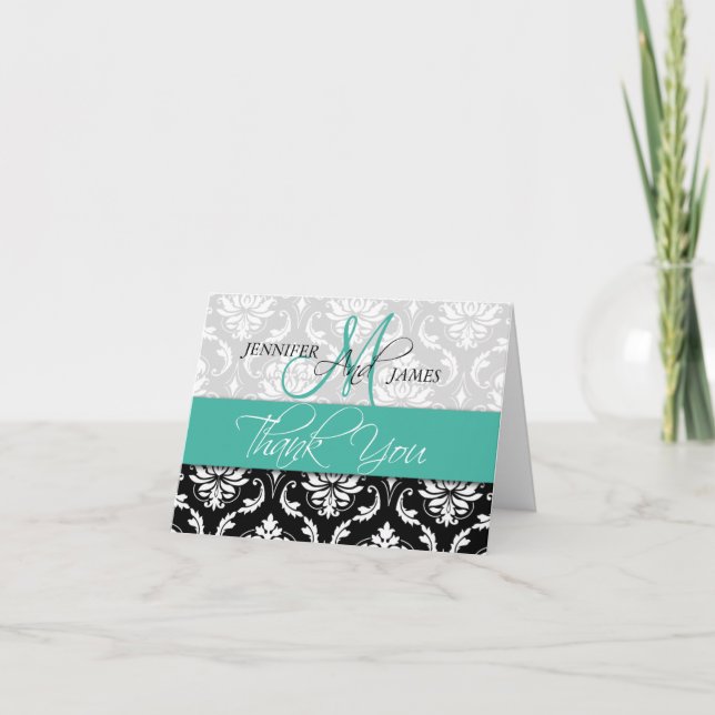 Cartão De Agradecimento Wedding Thank You Card Damask Monogram Turquoise (Frente)
