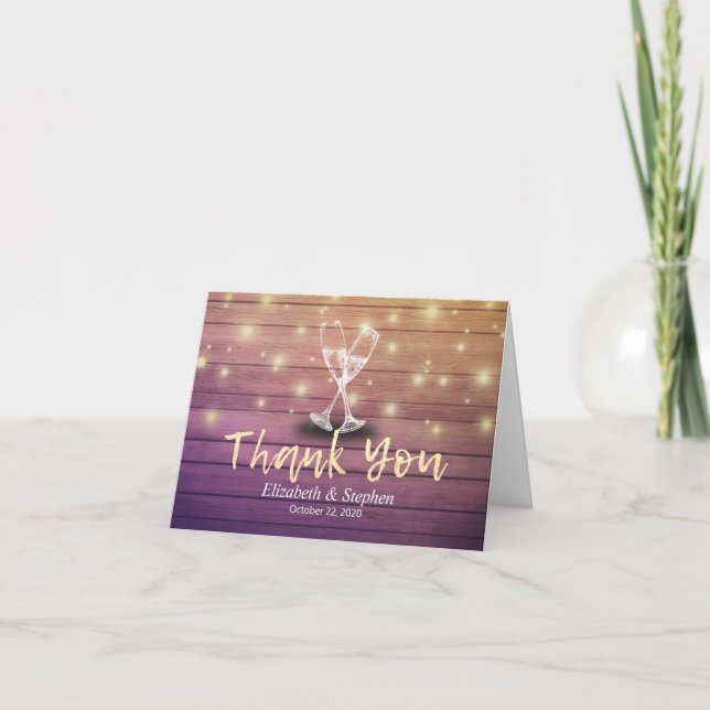 Cartão De Agradecimento Wedding Thank You Champagne Glasses Wood Lights (Frente)