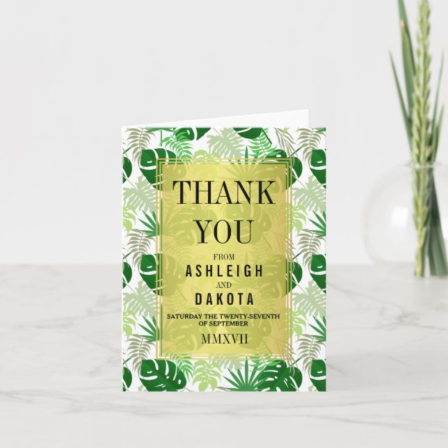 Cartão De Agradecimento Wedding Thank You | Exotic Green Tropical Leaves (Frente)