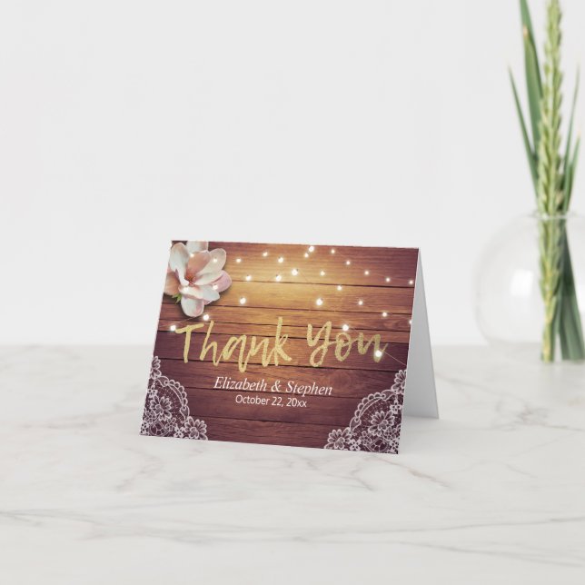 Cartão De Agradecimento Wedding Thank You Floral String Lights Wood Lace (Frente)