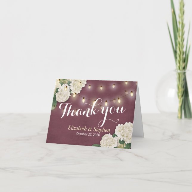 Cartão De Agradecimento Wedding Thank You Hydrangea String Lights Burgundy (Frente)
