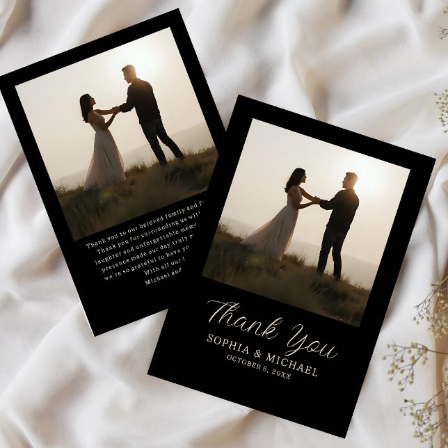 Cartão De Agradecimento Wedding Thank You Message 2 Photographs Black  (Criador carregado)