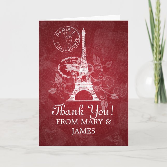Cartão De Agradecimento Wedding "Thank you" Romantic Paris Red (Frente)