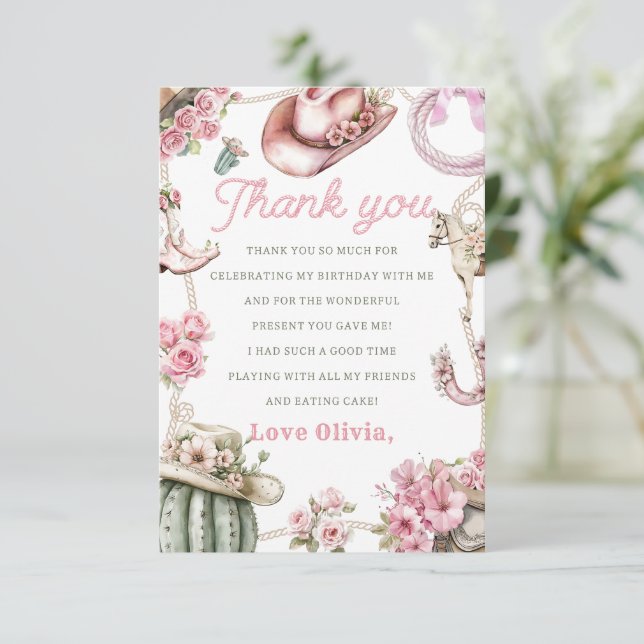 Cartão De Agradecimento Western Cowgirl Birthday Party Thank You Card (Em pé/Frente)