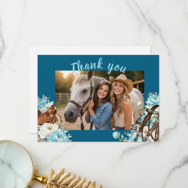 Cartão De Agradecimento Western Horse Birthday Thank You Card – Navy (Frente/Verso In Situ)