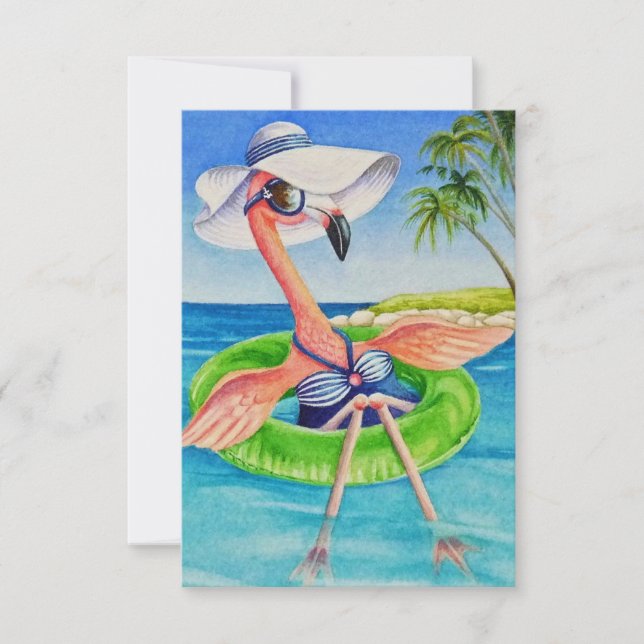 Cartão De Agradecimento Whimsical Beach Babe Pink Flamingo No. 3 (Frente)