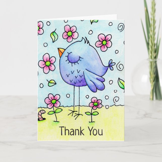 Cartão De Agradecimento Whimsical Blue Bird And Flowers (Frente)