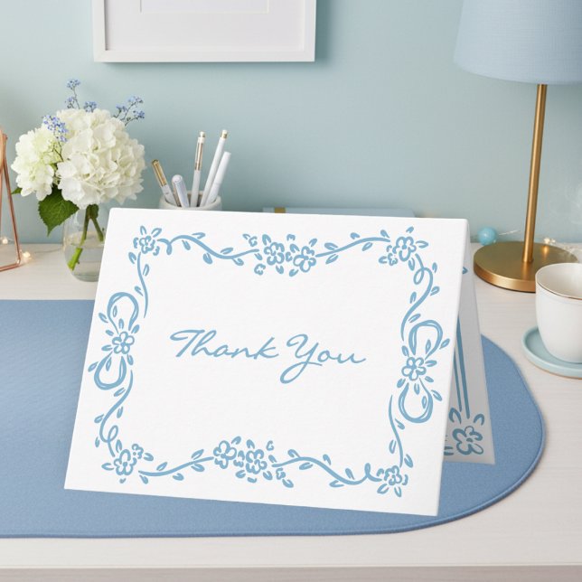 Cartão De Agradecimento Whimsical Blue Hand Drawn Floral Stripe Wedding (Whimsical Blue Hand Drawn Floral Stripe Wedding Thank You Card)