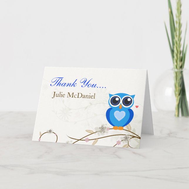 Cartão De Agradecimento Whimsical Blue Owl Thank You Cards (Frente)