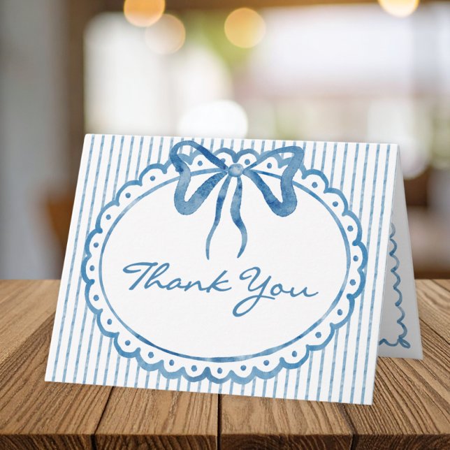 Cartão De Agradecimento Whimsical Blue Watercolor Bow Stripe Wedding (Whimsical Blue Watercolor Bow Stripe Wedding Thank You Card)